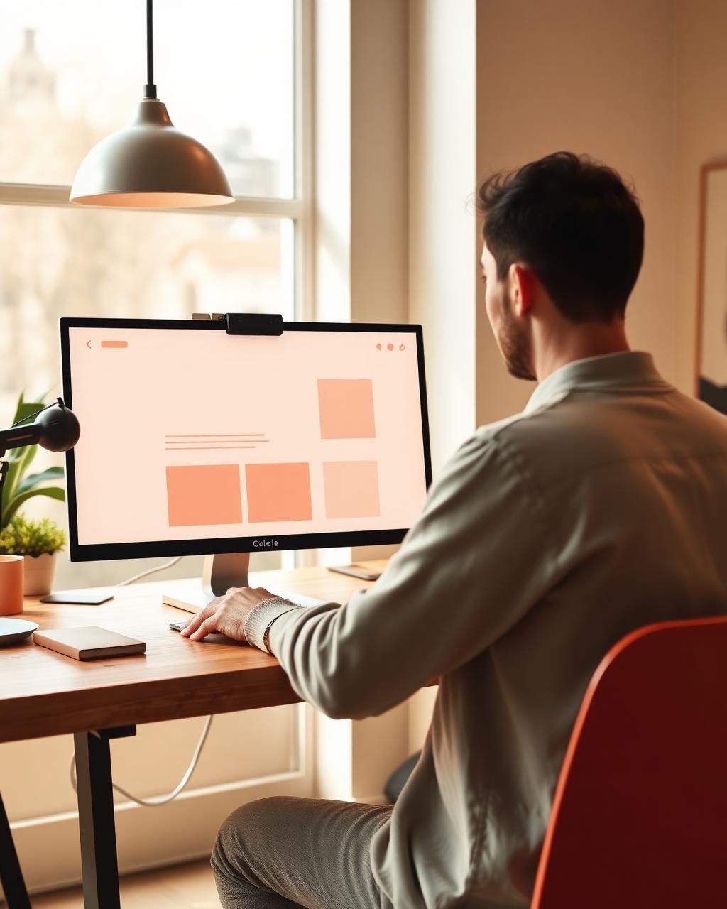 Web designer reviewing a website layout on a large monitor